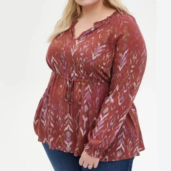 torrid Tops - Torrid Plus Size 0 Boho Top Sleeve Tunic Tie Waist V-Neck Cuff Long Sleeve Red